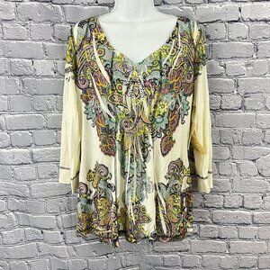 One World Womens PXL Boho Paisley  Top 3/4 Sleeve Multicolor Polyester